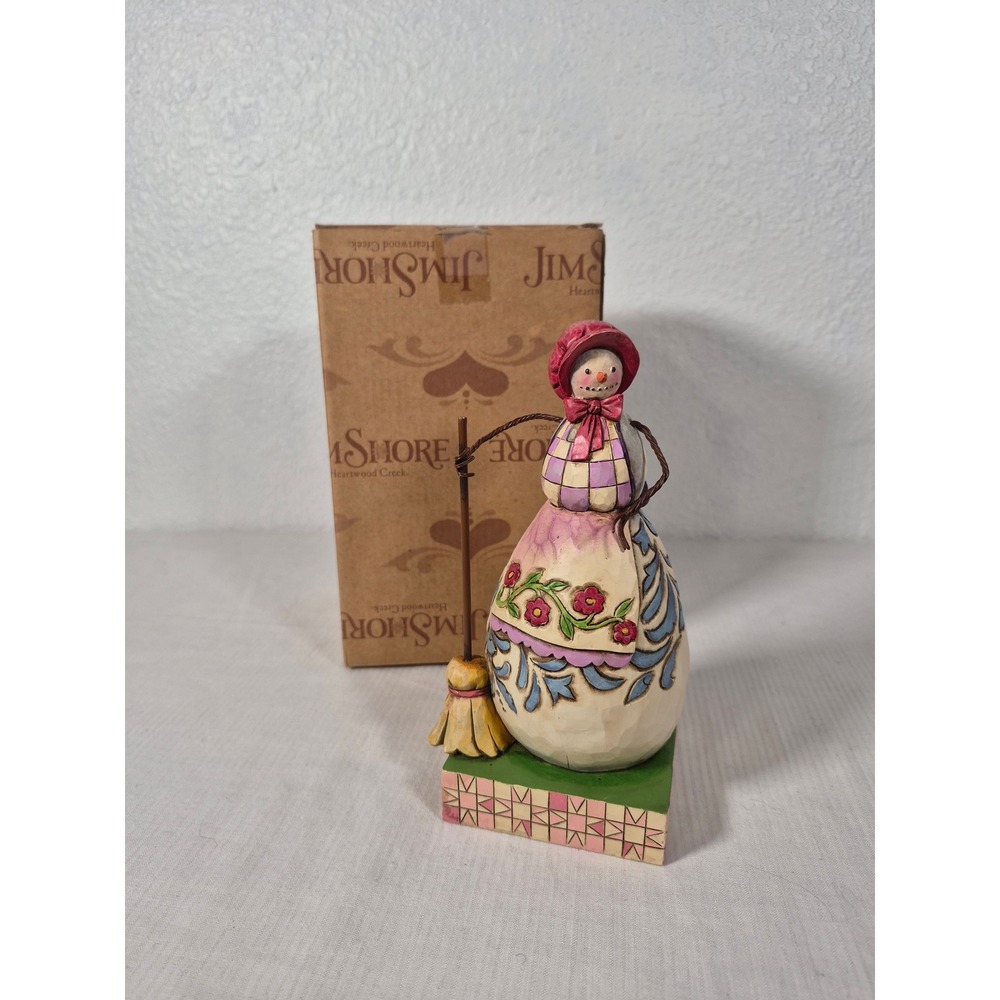 Jim Shore Heartwood Creek Snowman Figurine with Broom Pink Bonnet 117677
